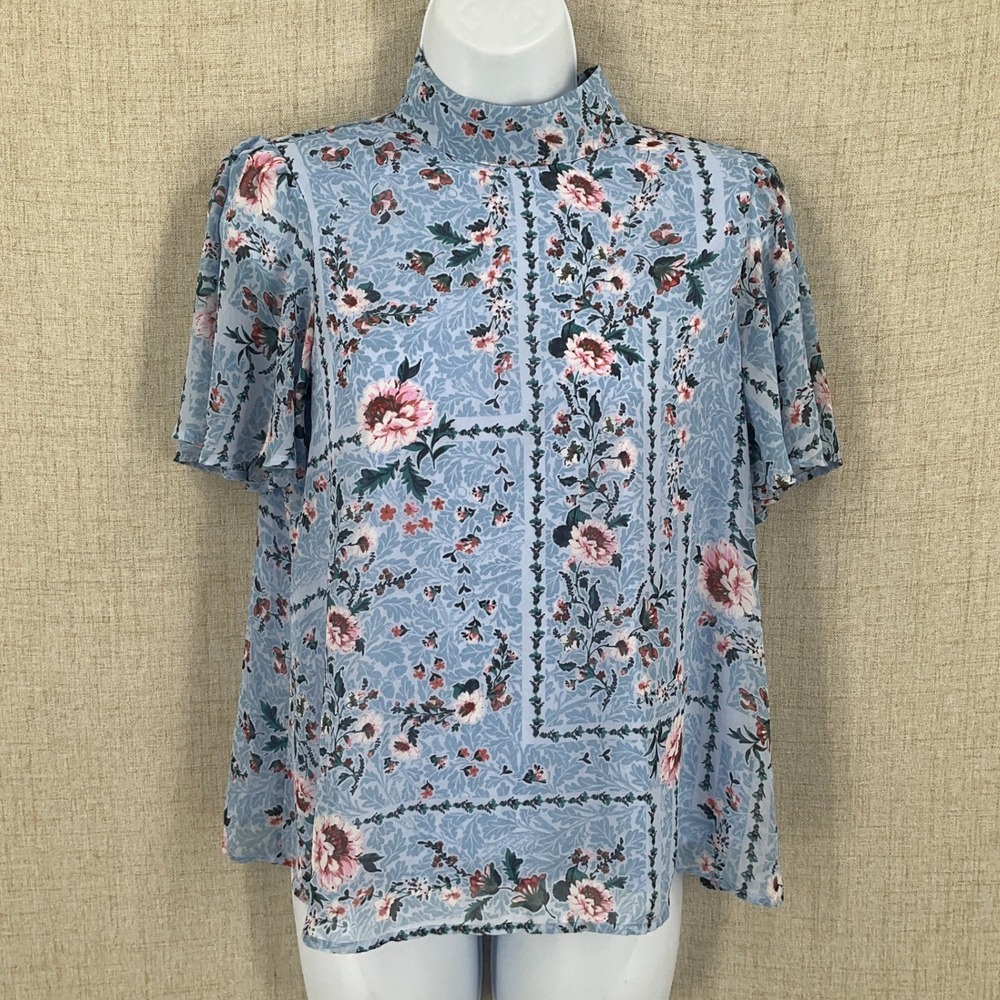 LC‎ Lauren Conrad Blouse Women S Blue Floral Mock Neck Flutter Boho Top
